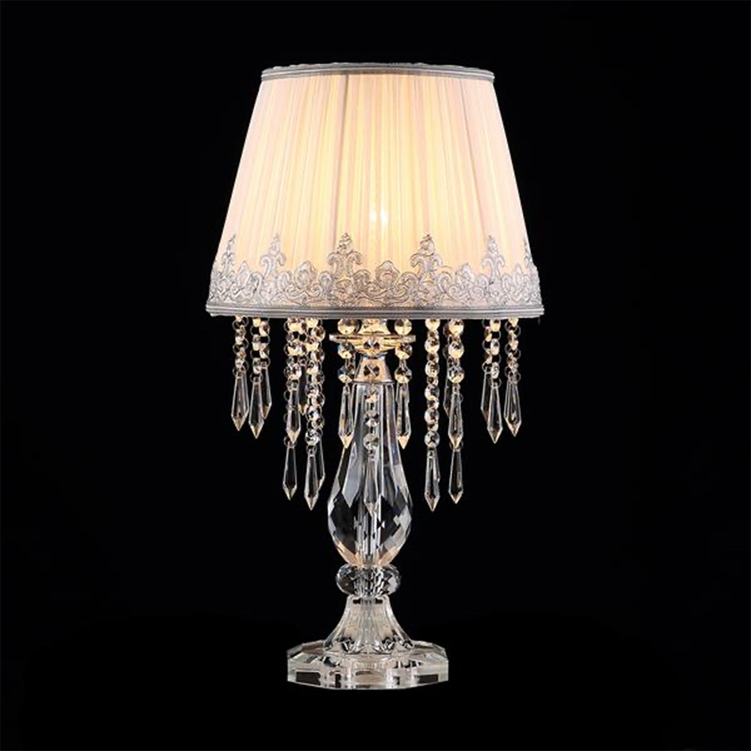 Elegant White Ruched Fabric Crystal Table Lamp - Set of 2 - details