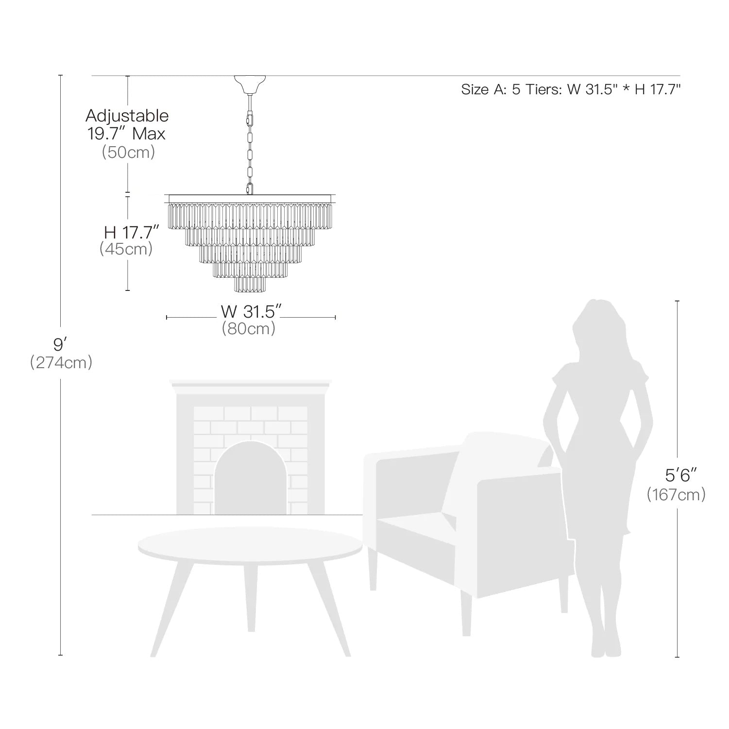 Five & Seven Tiers Crystal Chandelier - Pendant Light- Size Dimension