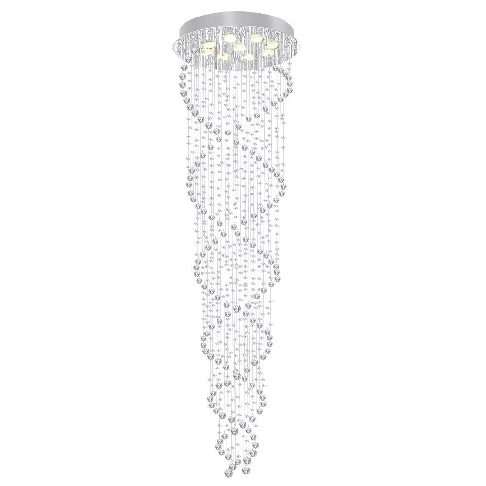 chrome k9 crystal spiral chandelier with raindrop design hanging vertically on white background | Sofary