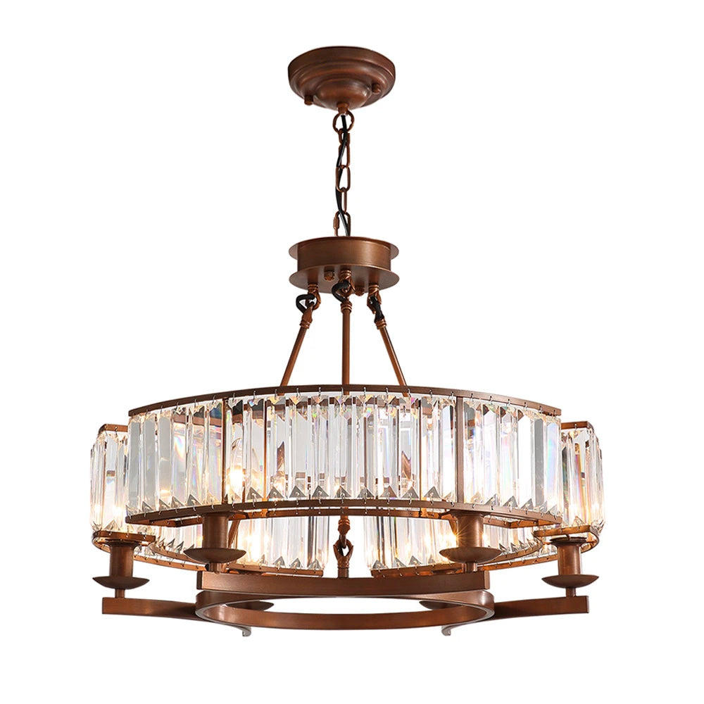 round modern rustic farmhouse crystal chandelier pendant light in brown rustic dining room with warm lighting | Sofary Lighting
